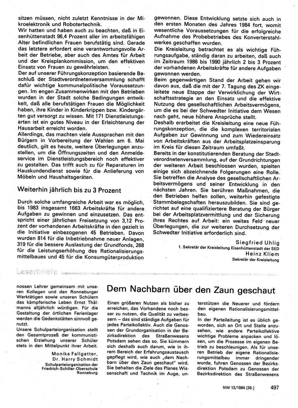 Neuer Weg (NW), Organ des Zentralkomitees (ZK) der SED (Sozialistische Einheitspartei Deutschlands) für Fragen des Parteilebens, 39. Jahrgang [Deutsche Demokratische Republik (DDR)] 1984, Seite 497 (NW ZK SED DDR 1984, S. 497)