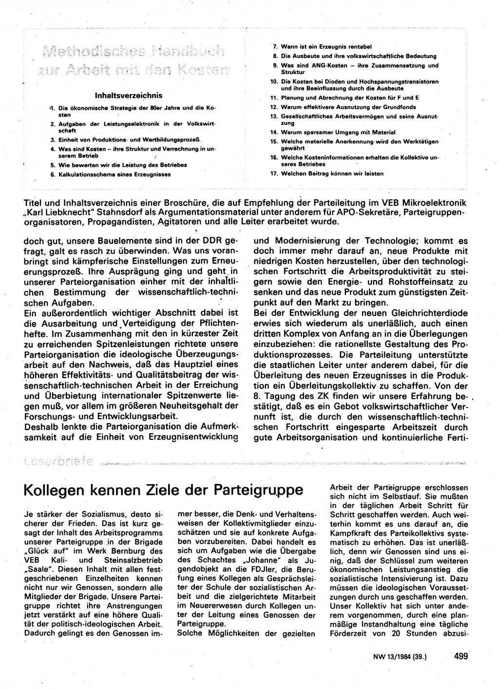 Neuer Weg (NW), Organ des Zentralkomitees (ZK) der SED (Sozialistische Einheitspartei Deutschlands) für Fragen des Parteilebens, 39. Jahrgang [Deutsche Demokratische Republik (DDR)] 1984, Seite 499 (NW ZK SED DDR 1984, S. 499)