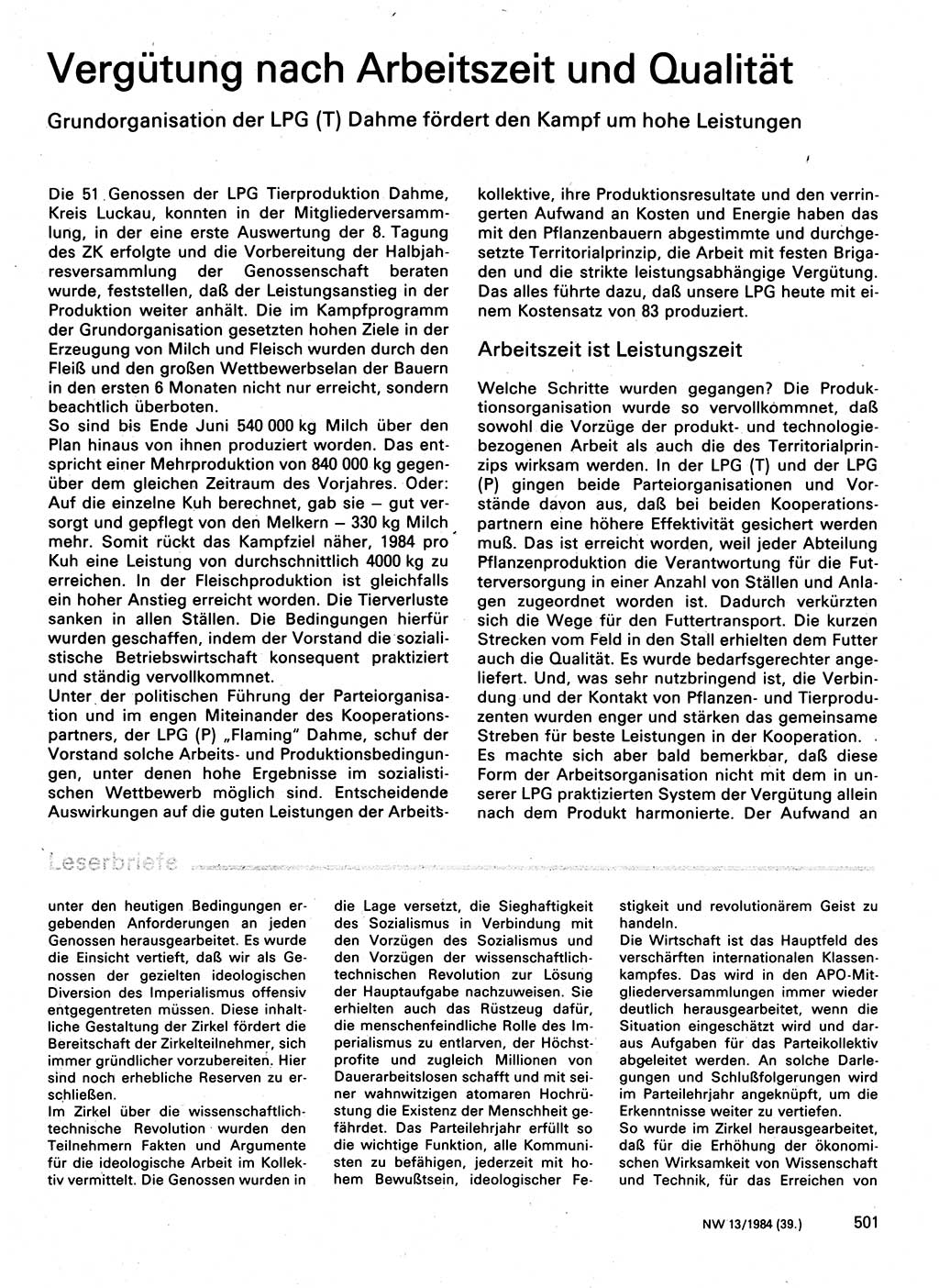 Neuer Weg (NW), Organ des Zentralkomitees (ZK) der SED (Sozialistische Einheitspartei Deutschlands) für Fragen des Parteilebens, 39. Jahrgang [Deutsche Demokratische Republik (DDR)] 1984, Seite 501 (NW ZK SED DDR 1984, S. 501)