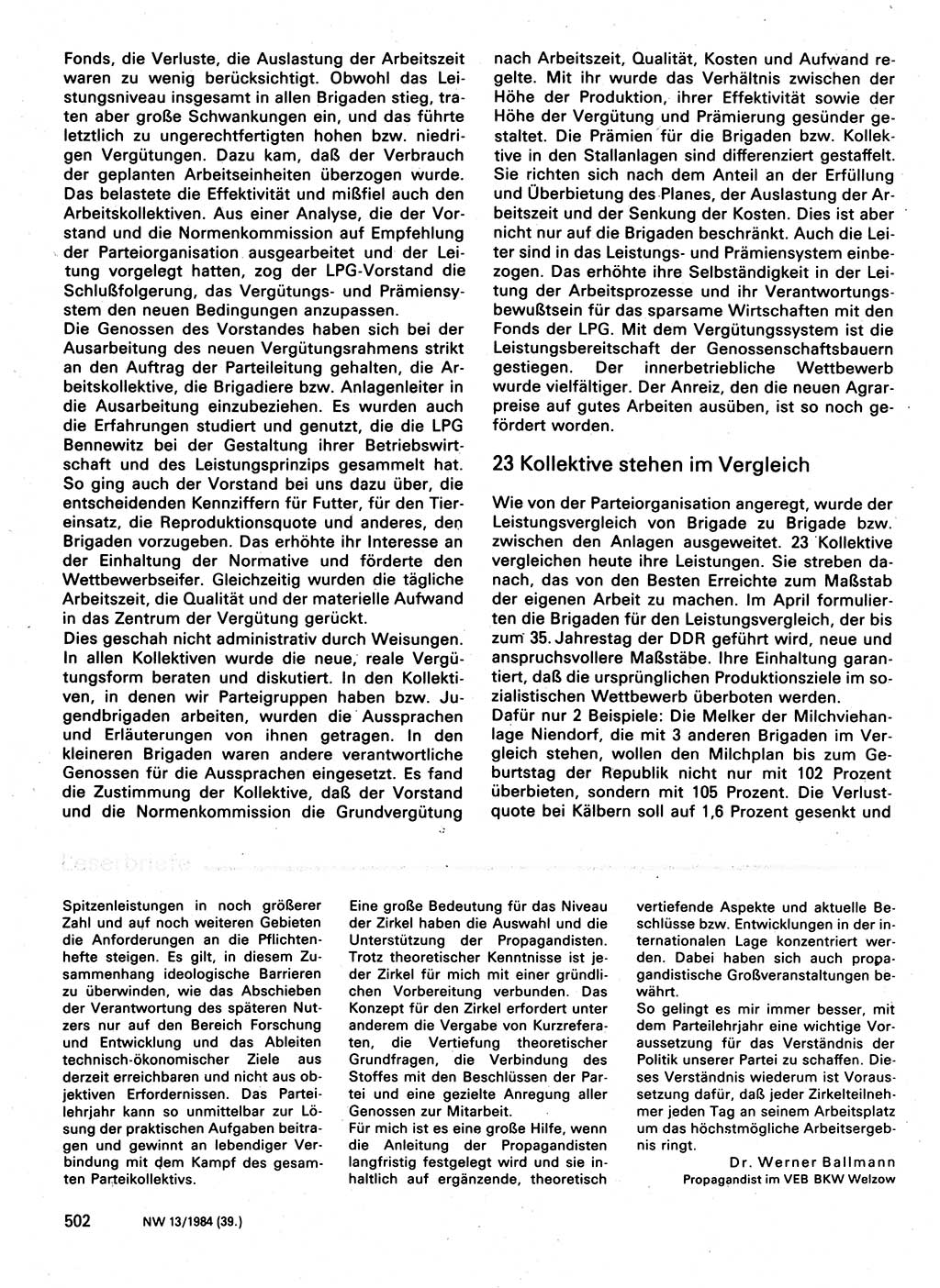 Neuer Weg (NW), Organ des Zentralkomitees (ZK) der SED (Sozialistische Einheitspartei Deutschlands) für Fragen des Parteilebens, 39. Jahrgang [Deutsche Demokratische Republik (DDR)] 1984, Seite 502 (NW ZK SED DDR 1984, S. 502)