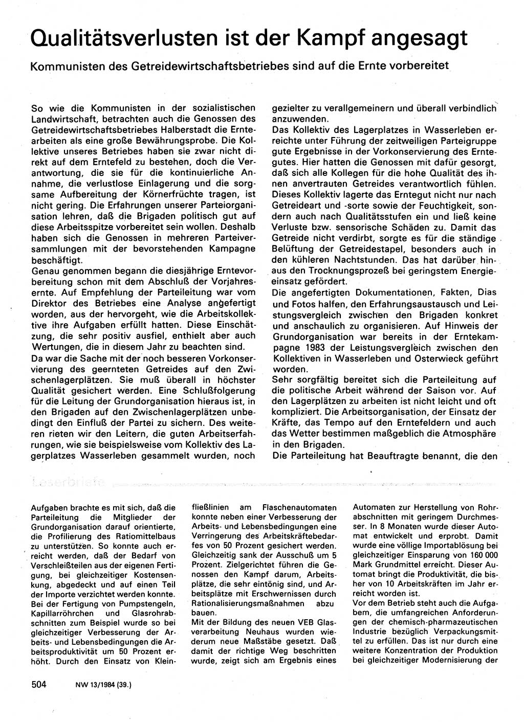 Neuer Weg (NW), Organ des Zentralkomitees (ZK) der SED (Sozialistische Einheitspartei Deutschlands) für Fragen des Parteilebens, 39. Jahrgang [Deutsche Demokratische Republik (DDR)] 1984, Seite 504 (NW ZK SED DDR 1984, S. 504)