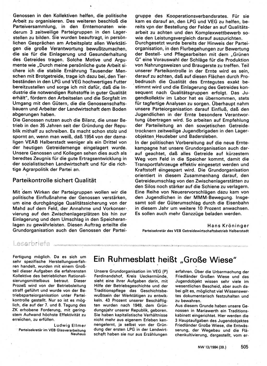Neuer Weg (NW), Organ des Zentralkomitees (ZK) der SED (Sozialistische Einheitspartei Deutschlands) für Fragen des Parteilebens, 39. Jahrgang [Deutsche Demokratische Republik (DDR)] 1984, Seite 505 (NW ZK SED DDR 1984, S. 505)