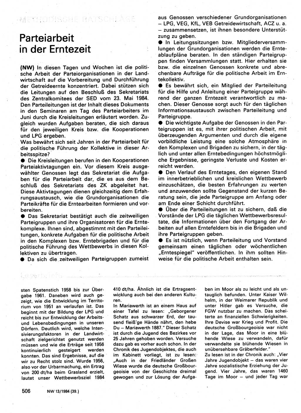 Neuer Weg (NW), Organ des Zentralkomitees (ZK) der SED (Sozialistische Einheitspartei Deutschlands) für Fragen des Parteilebens, 39. Jahrgang [Deutsche Demokratische Republik (DDR)] 1984, Seite 506 (NW ZK SED DDR 1984, S. 506)