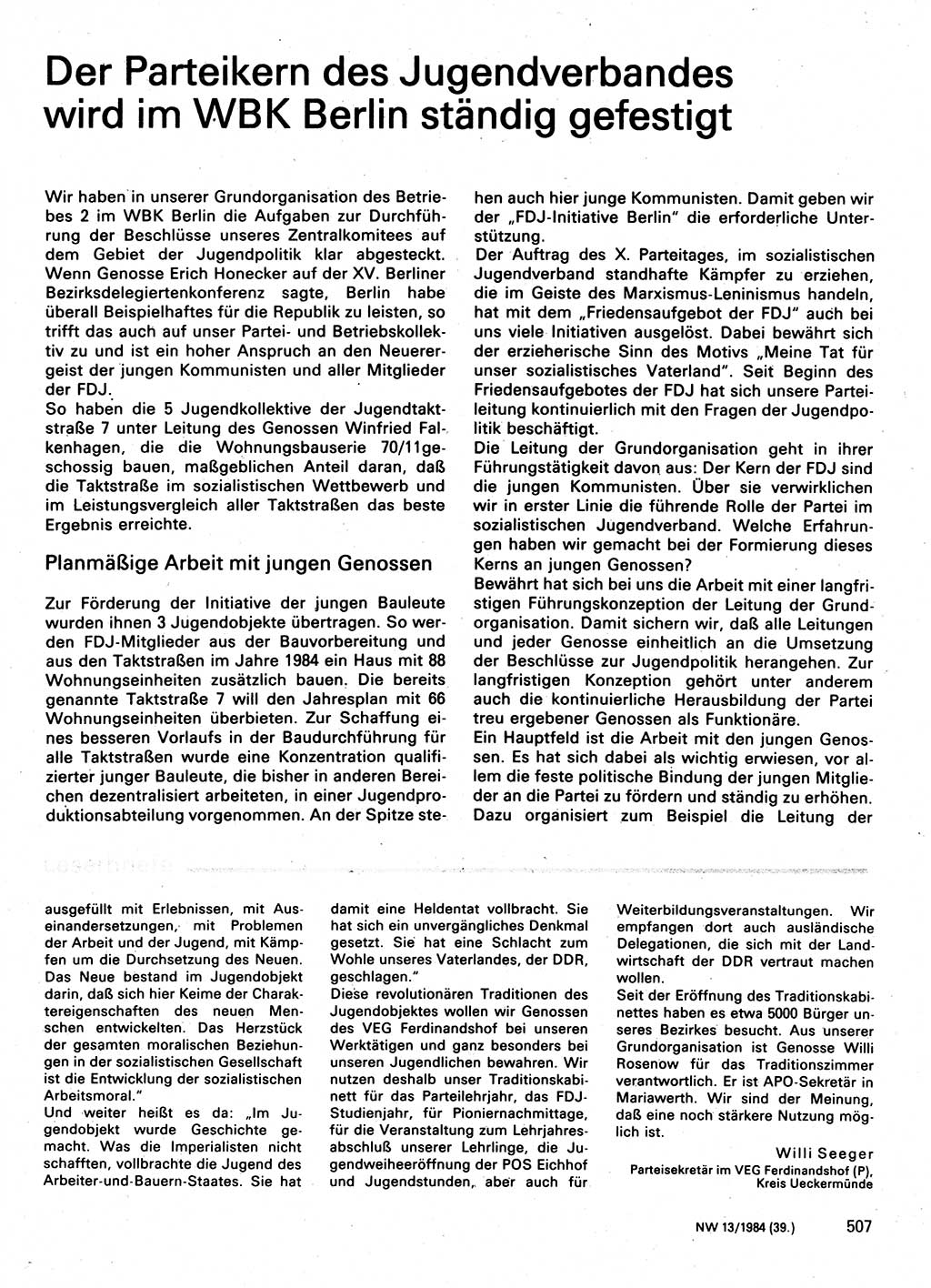 Neuer Weg (NW), Organ des Zentralkomitees (ZK) der SED (Sozialistische Einheitspartei Deutschlands) für Fragen des Parteilebens, 39. Jahrgang [Deutsche Demokratische Republik (DDR)] 1984, Seite 507 (NW ZK SED DDR 1984, S. 507)