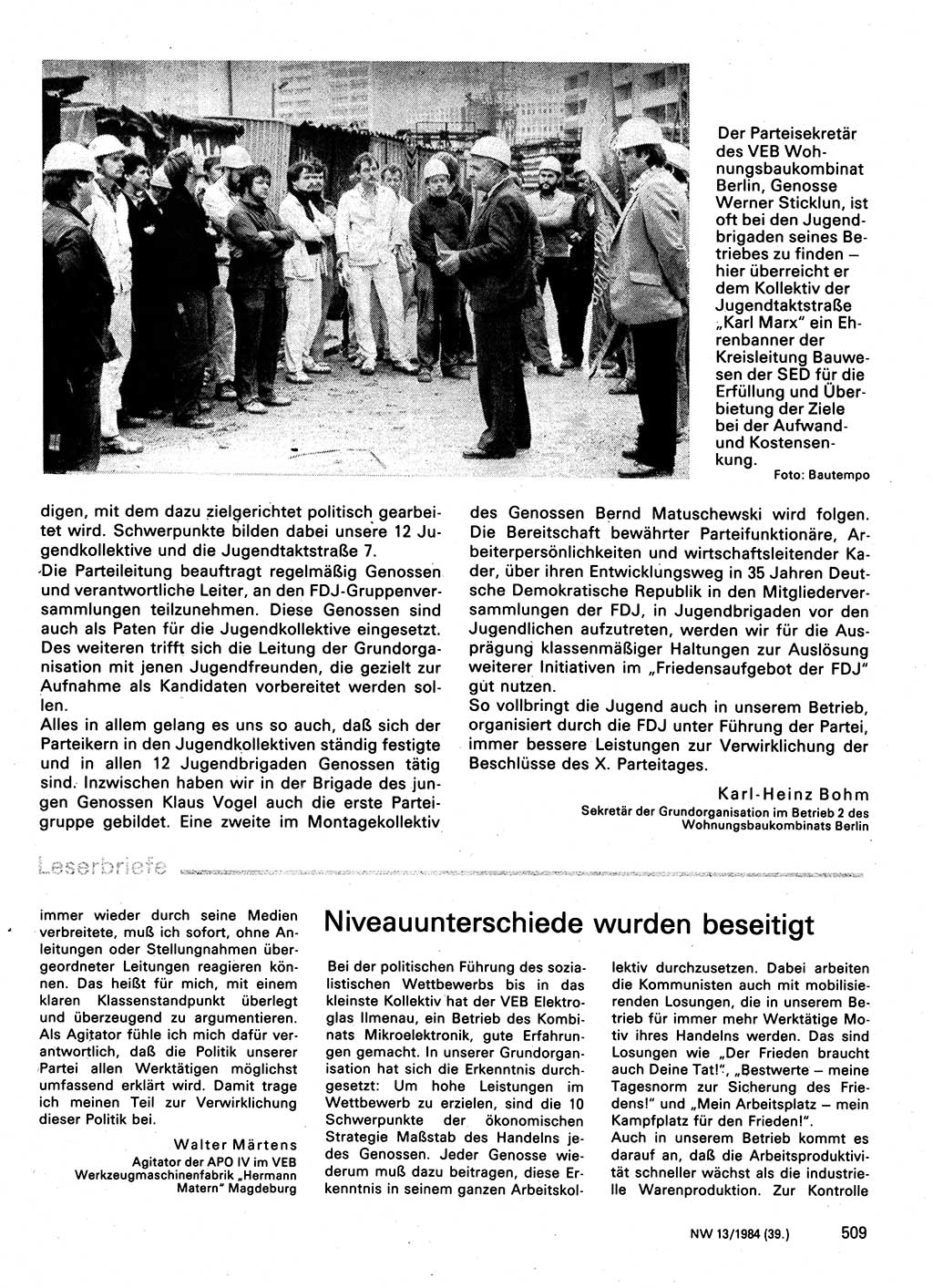 Neuer Weg (NW), Organ des Zentralkomitees (ZK) der SED (Sozialistische Einheitspartei Deutschlands) für Fragen des Parteilebens, 39. Jahrgang [Deutsche Demokratische Republik (DDR)] 1984, Seite 509 (NW ZK SED DDR 1984, S. 509)