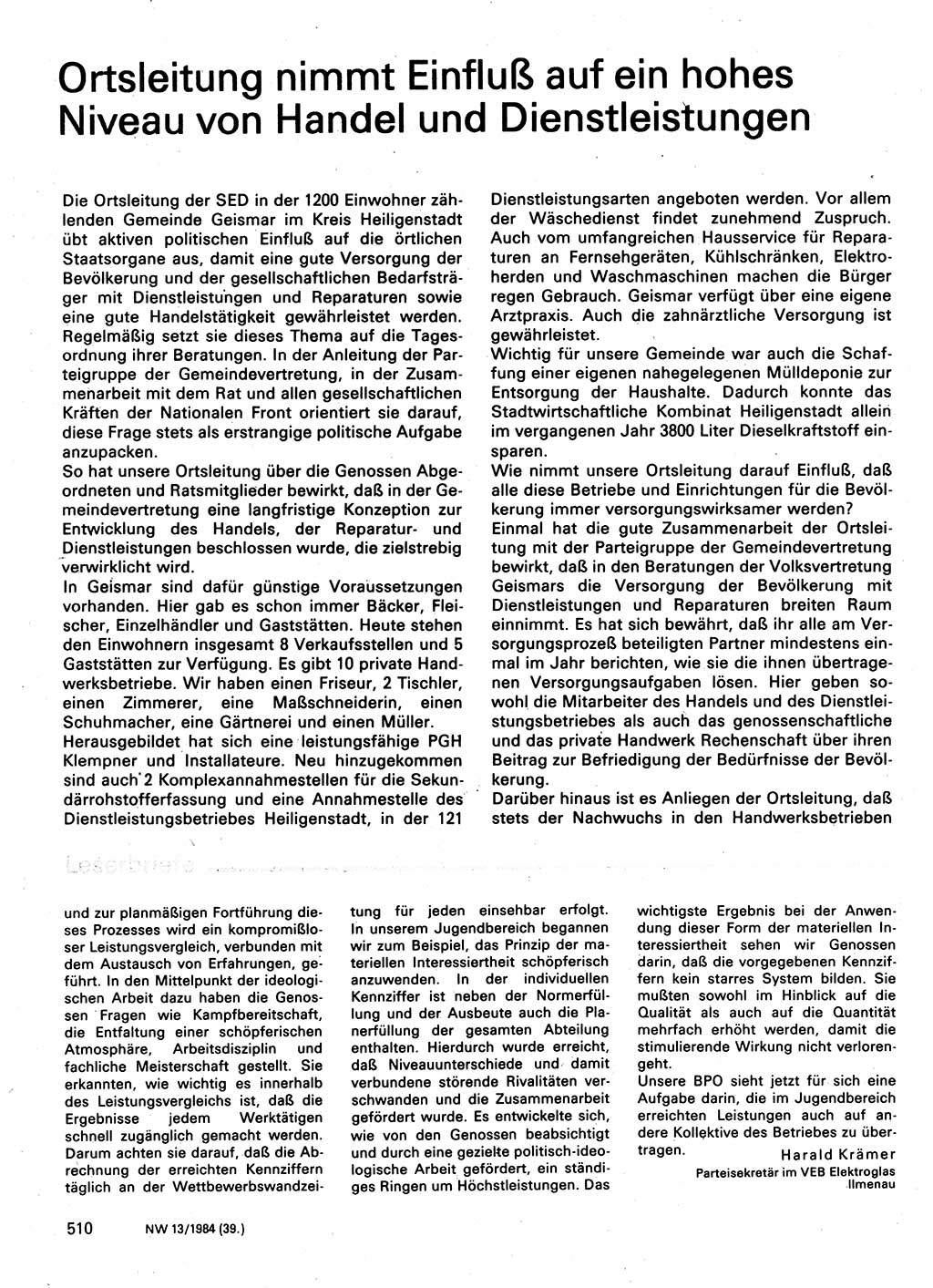 Neuer Weg (NW), Organ des Zentralkomitees (ZK) der SED (Sozialistische Einheitspartei Deutschlands) für Fragen des Parteilebens, 39. Jahrgang [Deutsche Demokratische Republik (DDR)] 1984, Seite 510 (NW ZK SED DDR 1984, S. 510)