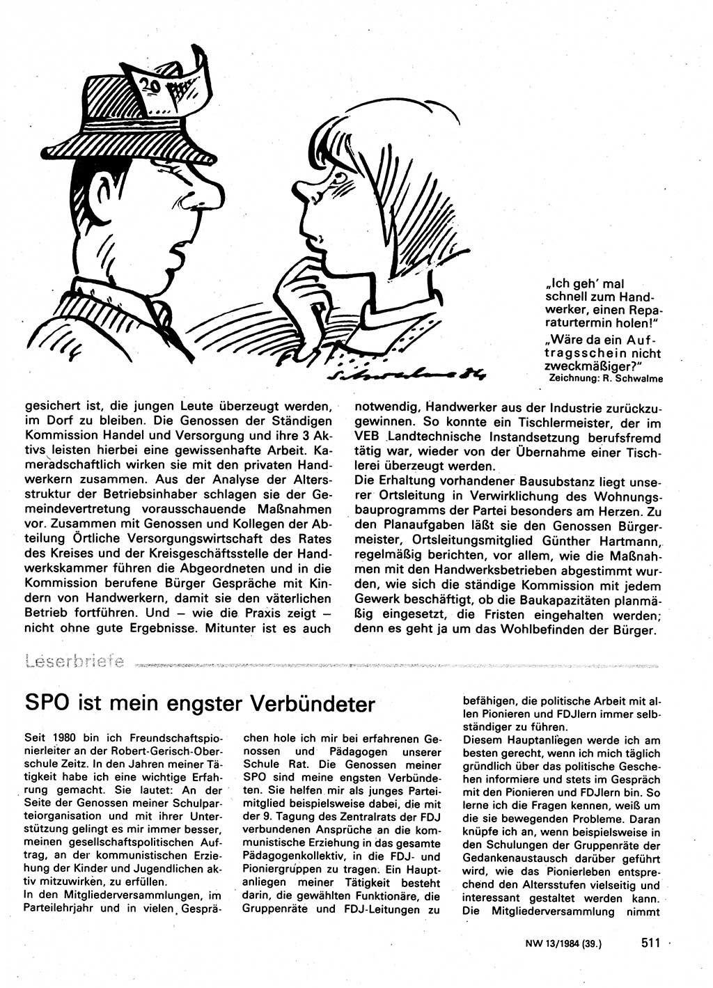 Neuer Weg (NW), Organ des Zentralkomitees (ZK) der SED (Sozialistische Einheitspartei Deutschlands) für Fragen des Parteilebens, 39. Jahrgang [Deutsche Demokratische Republik (DDR)] 1984, Seite 511 (NW ZK SED DDR 1984, S. 511)