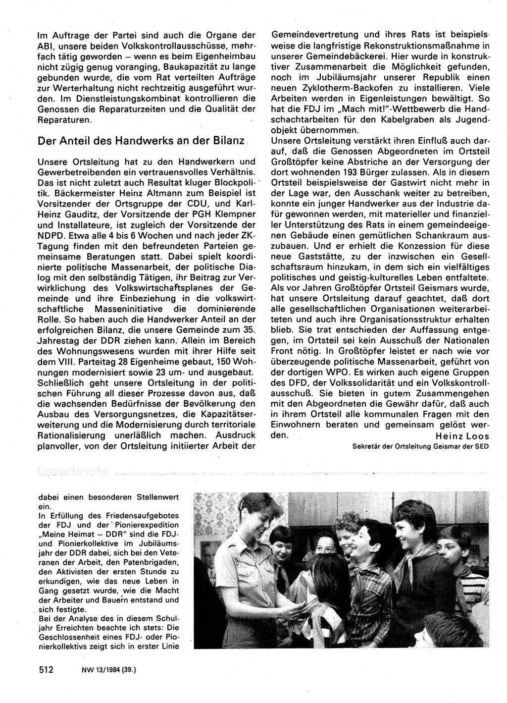 Neuer Weg (NW), Organ des Zentralkomitees (ZK) der SED (Sozialistische Einheitspartei Deutschlands) für Fragen des Parteilebens, 39. Jahrgang [Deutsche Demokratische Republik (DDR)] 1984, Seite 512 (NW ZK SED DDR 1984, S. 512)
