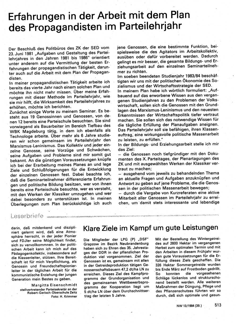 Neuer Weg (NW), Organ des Zentralkomitees (ZK) der SED (Sozialistische Einheitspartei Deutschlands) für Fragen des Parteilebens, 39. Jahrgang [Deutsche Demokratische Republik (DDR)] 1984, Seite 513 (NW ZK SED DDR 1984, S. 513)