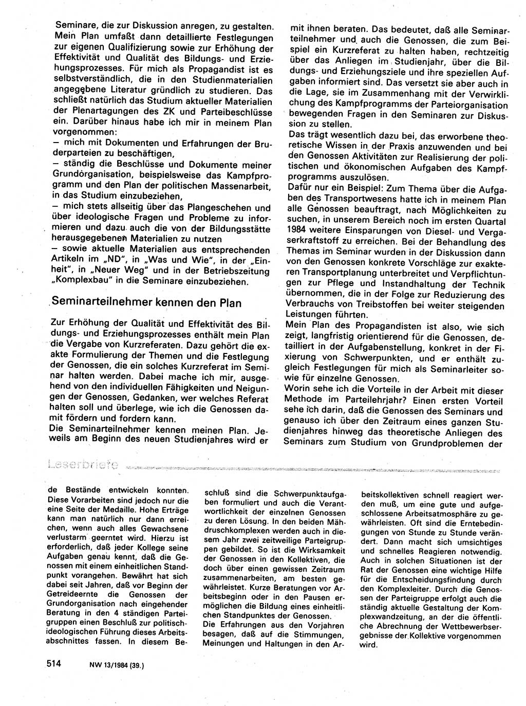Neuer Weg (NW), Organ des Zentralkomitees (ZK) der SED (Sozialistische Einheitspartei Deutschlands) für Fragen des Parteilebens, 39. Jahrgang [Deutsche Demokratische Republik (DDR)] 1984, Seite 514 (NW ZK SED DDR 1984, S. 514)