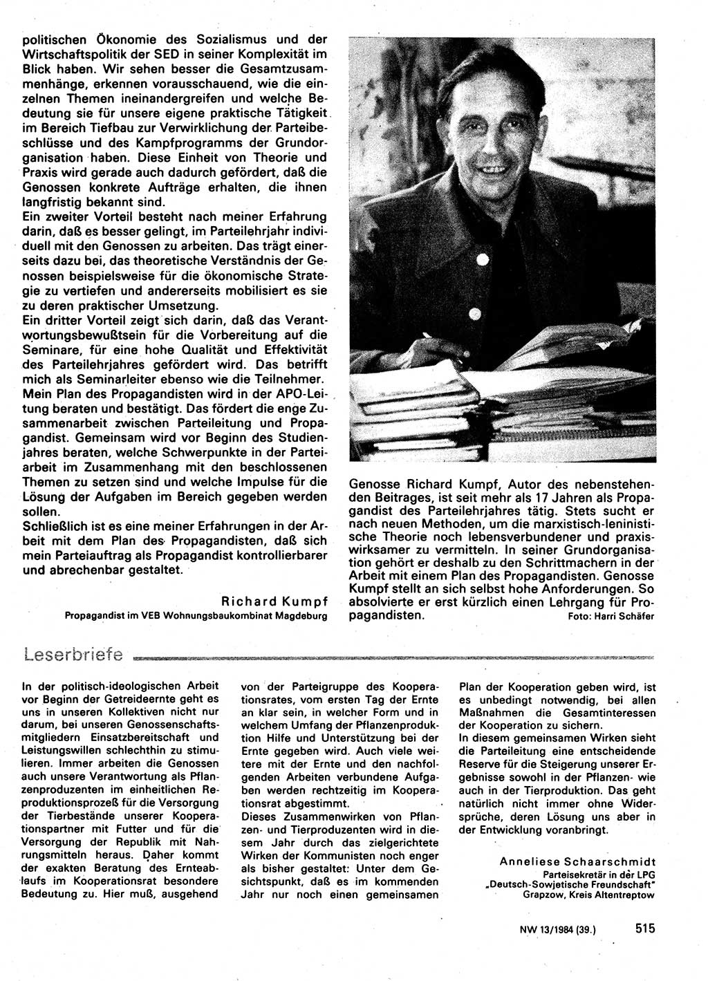 Neuer Weg (NW), Organ des Zentralkomitees (ZK) der SED (Sozialistische Einheitspartei Deutschlands) für Fragen des Parteilebens, 39. Jahrgang [Deutsche Demokratische Republik (DDR)] 1984, Seite 515 (NW ZK SED DDR 1984, S. 515)