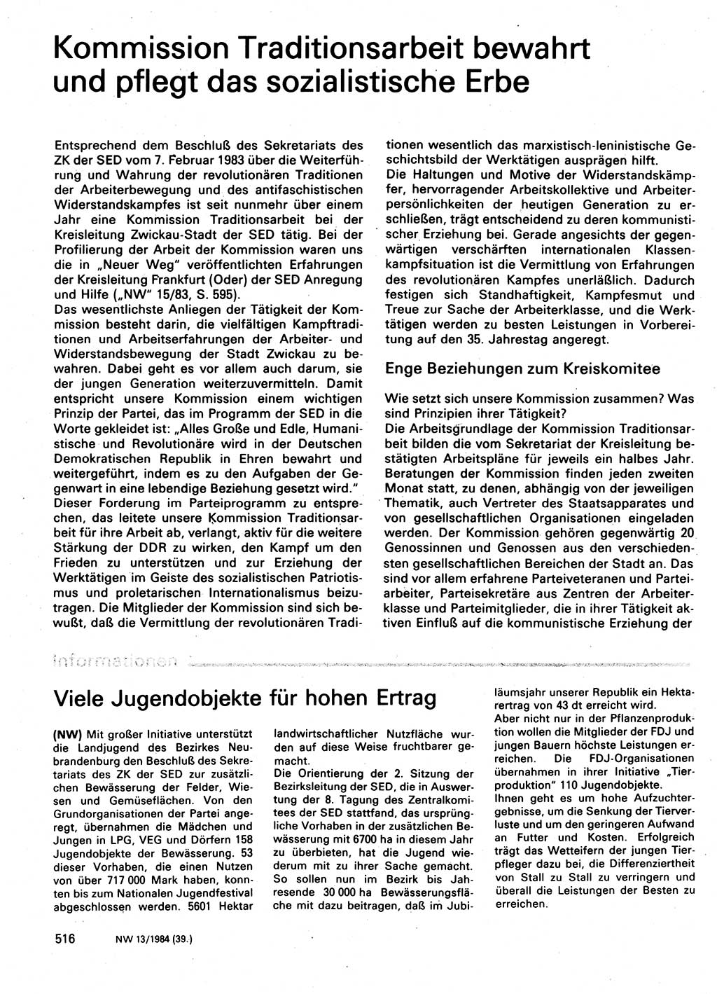 Neuer Weg (NW), Organ des Zentralkomitees (ZK) der SED (Sozialistische Einheitspartei Deutschlands) für Fragen des Parteilebens, 39. Jahrgang [Deutsche Demokratische Republik (DDR)] 1984, Seite 516 (NW ZK SED DDR 1984, S. 516)