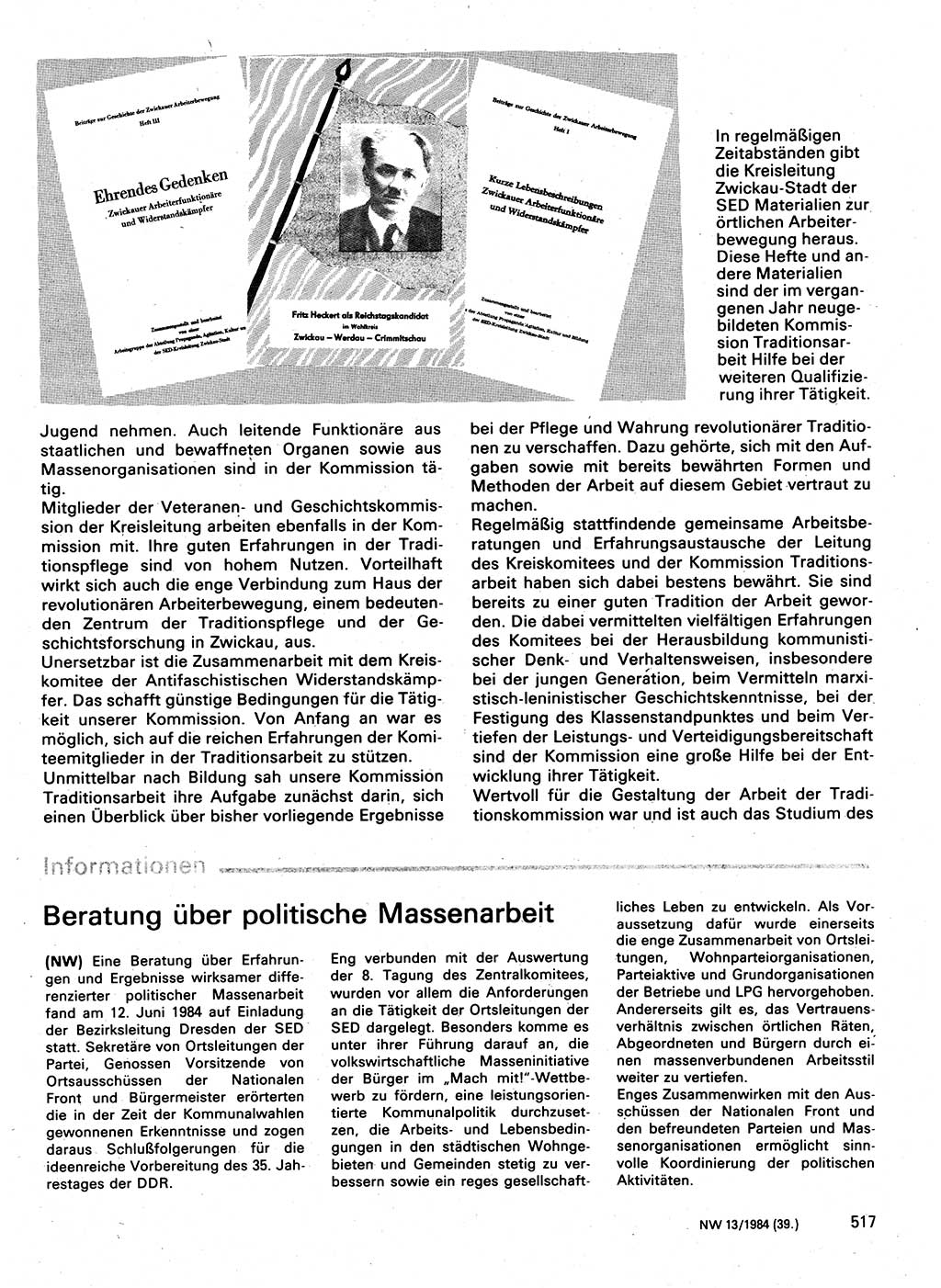 Neuer Weg (NW), Organ des Zentralkomitees (ZK) der SED (Sozialistische Einheitspartei Deutschlands) für Fragen des Parteilebens, 39. Jahrgang [Deutsche Demokratische Republik (DDR)] 1984, Seite 517 (NW ZK SED DDR 1984, S. 517)