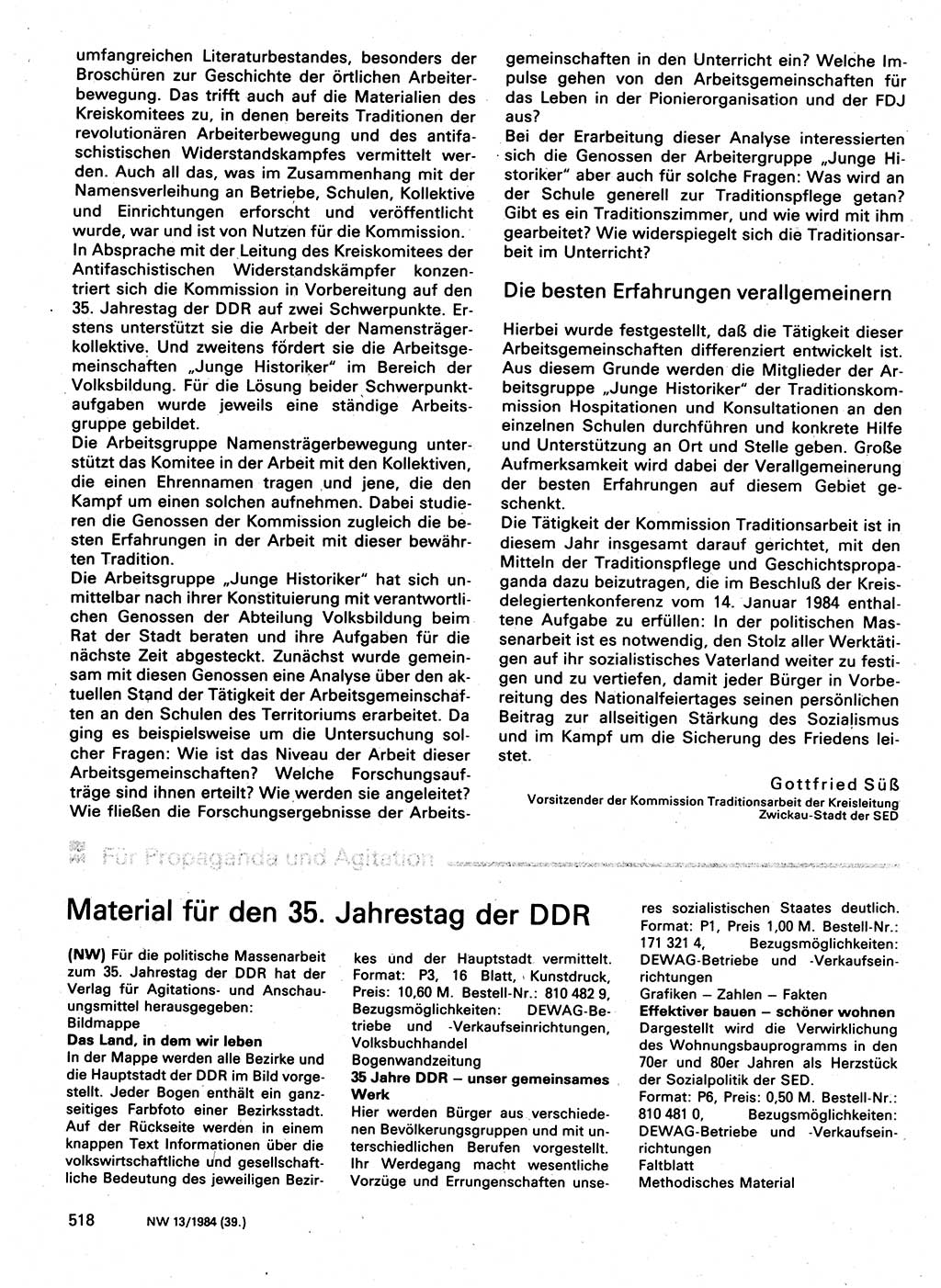 Neuer Weg (NW), Organ des Zentralkomitees (ZK) der SED (Sozialistische Einheitspartei Deutschlands) für Fragen des Parteilebens, 39. Jahrgang [Deutsche Demokratische Republik (DDR)] 1984, Seite 518 (NW ZK SED DDR 1984, S. 518)