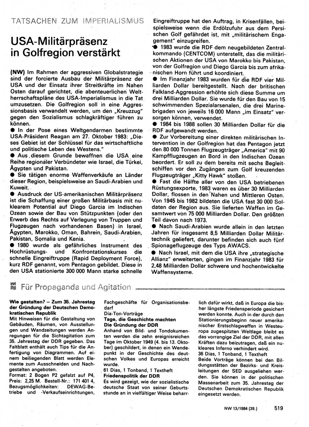 Neuer Weg (NW), Organ des Zentralkomitees (ZK) der SED (Sozialistische Einheitspartei Deutschlands) für Fragen des Parteilebens, 39. Jahrgang [Deutsche Demokratische Republik (DDR)] 1984, Seite 519 (NW ZK SED DDR 1984, S. 519)