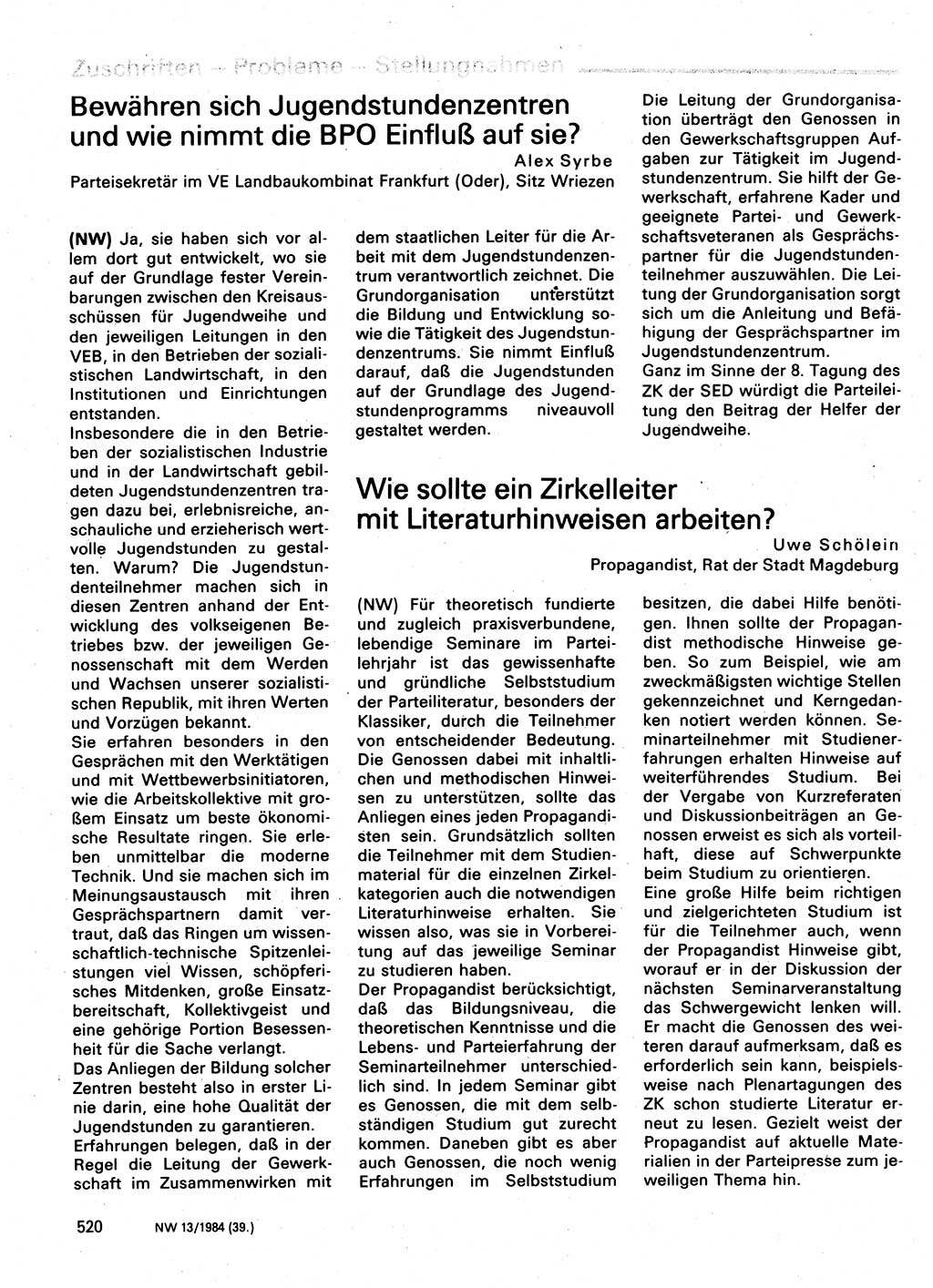 Neuer Weg (NW), Organ des Zentralkomitees (ZK) der SED (Sozialistische Einheitspartei Deutschlands) für Fragen des Parteilebens, 39. Jahrgang [Deutsche Demokratische Republik (DDR)] 1984, Seite 520 (NW ZK SED DDR 1984, S. 520)