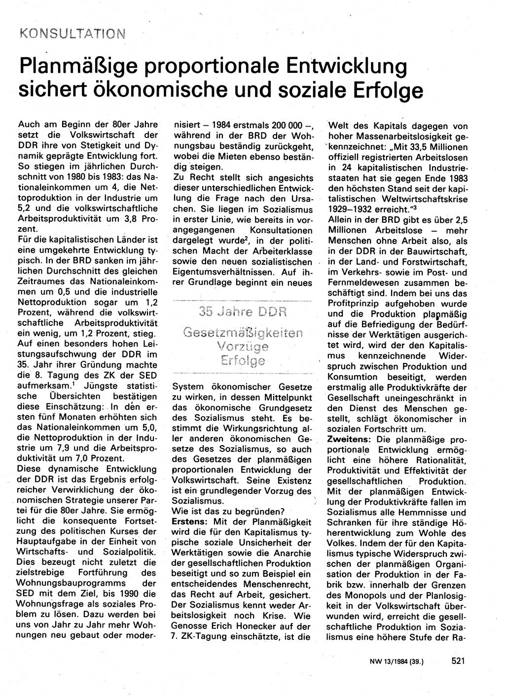 Neuer Weg (NW), Organ des Zentralkomitees (ZK) der SED (Sozialistische Einheitspartei Deutschlands) für Fragen des Parteilebens, 39. Jahrgang [Deutsche Demokratische Republik (DDR)] 1984, Seite 521 (NW ZK SED DDR 1984, S. 521)
