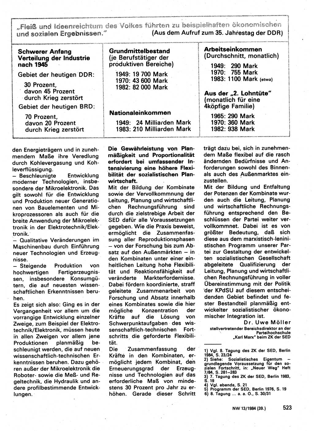 Neuer Weg (NW), Organ des Zentralkomitees (ZK) der SED (Sozialistische Einheitspartei Deutschlands) für Fragen des Parteilebens, 39. Jahrgang [Deutsche Demokratische Republik (DDR)] 1984, Seite 523 (NW ZK SED DDR 1984, S. 523)