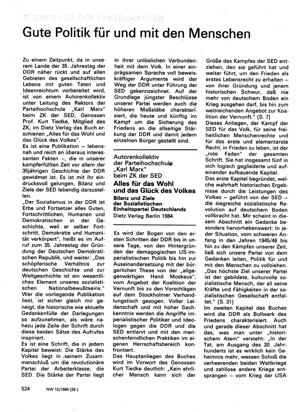 Neuer Weg (NW), Organ des Zentralkomitees (ZK) der SED (Sozialistische Einheitspartei Deutschlands) für Fragen des Parteilebens, 39. Jahrgang [Deutsche Demokratische Republik (DDR)] 1984, Seite 524 (NW ZK SED DDR 1984, S. 524)