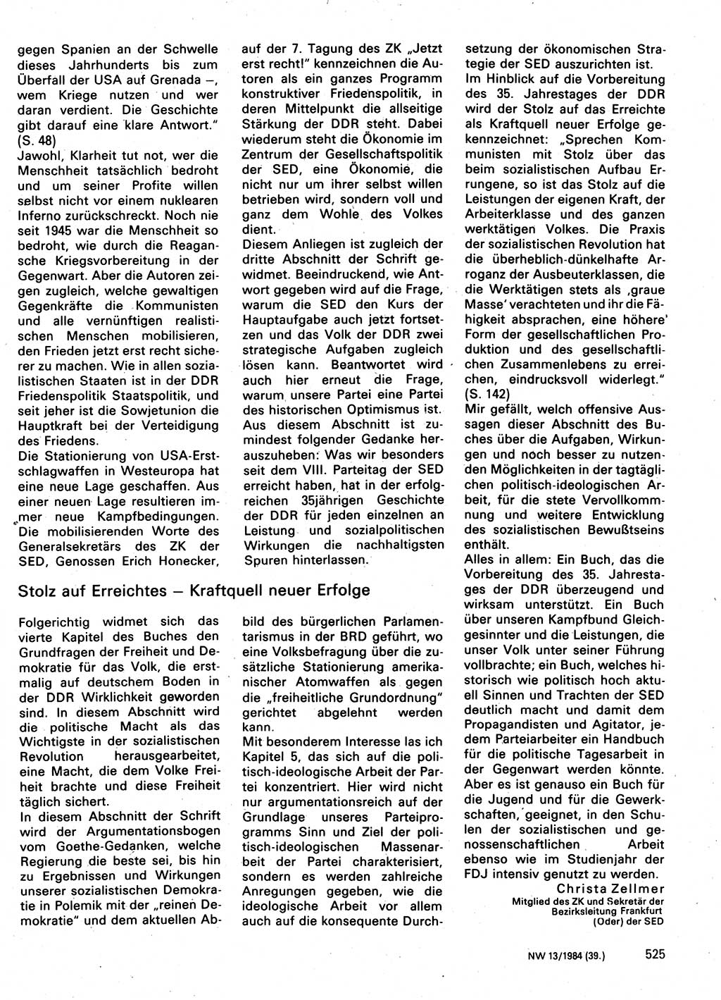Neuer Weg (NW), Organ des Zentralkomitees (ZK) der SED (Sozialistische Einheitspartei Deutschlands) für Fragen des Parteilebens, 39. Jahrgang [Deutsche Demokratische Republik (DDR)] 1984, Seite 525 (NW ZK SED DDR 1984, S. 525)