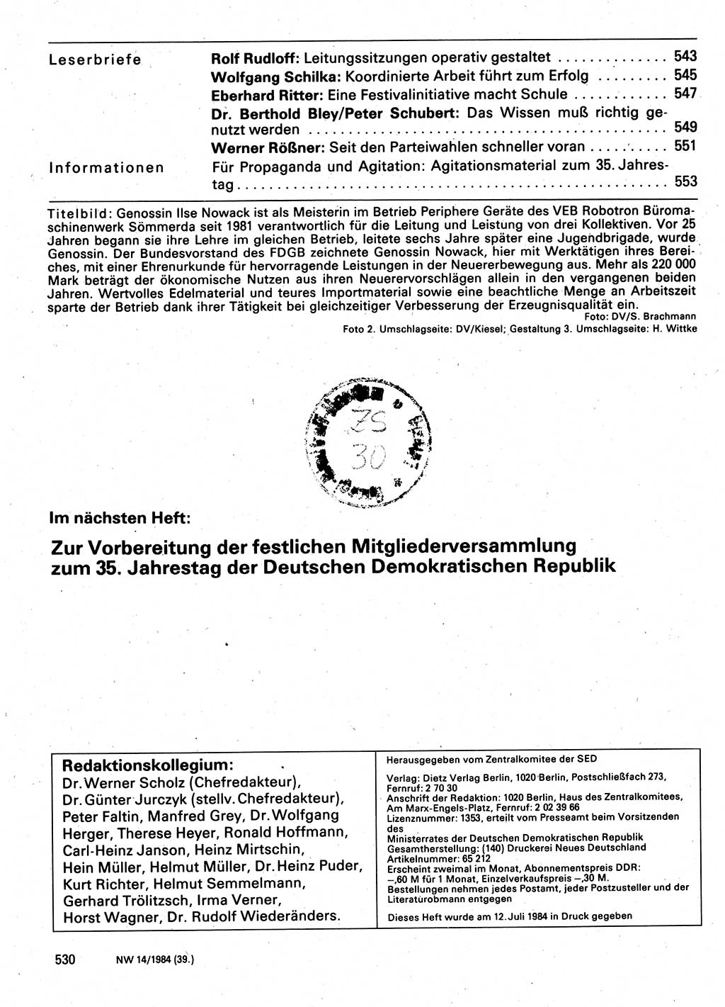 Neuer Weg (NW), Organ des Zentralkomitees (ZK) der SED (Sozialistische Einheitspartei Deutschlands) für Fragen des Parteilebens, 39. Jahrgang [Deutsche Demokratische Republik (DDR)] 1984, Seite 530 (NW ZK SED DDR 1984, S. 530)
