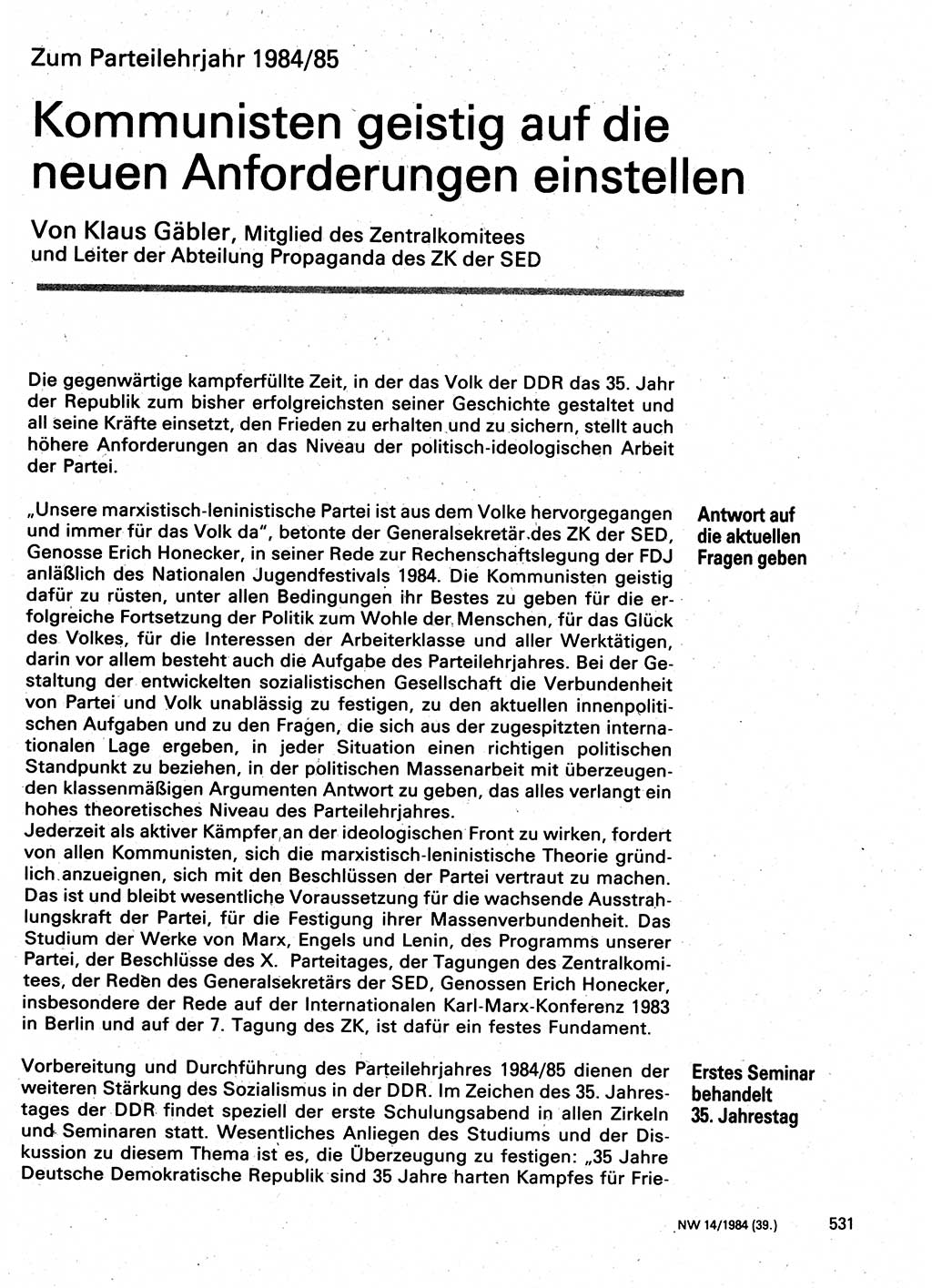 Neuer Weg (NW), Organ des Zentralkomitees (ZK) der SED (Sozialistische Einheitspartei Deutschlands) für Fragen des Parteilebens, 39. Jahrgang [Deutsche Demokratische Republik (DDR)] 1984, Seite 531 (NW ZK SED DDR 1984, S. 531)