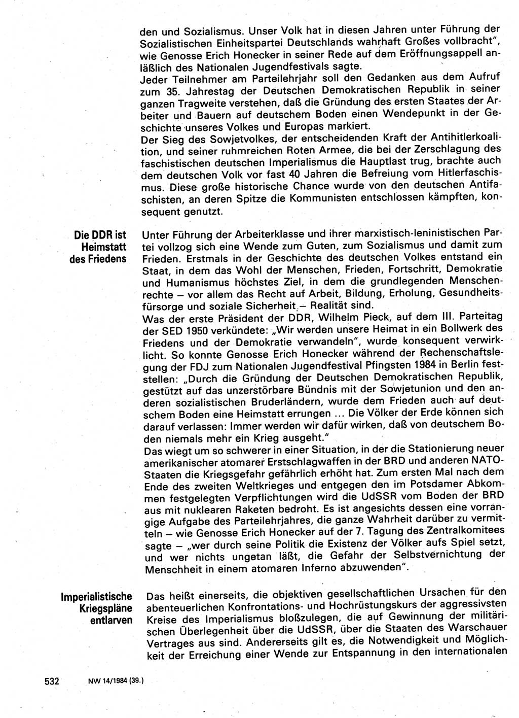 Neuer Weg (NW), Organ des Zentralkomitees (ZK) der SED (Sozialistische Einheitspartei Deutschlands) für Fragen des Parteilebens, 39. Jahrgang [Deutsche Demokratische Republik (DDR)] 1984, Seite 532 (NW ZK SED DDR 1984, S. 532)