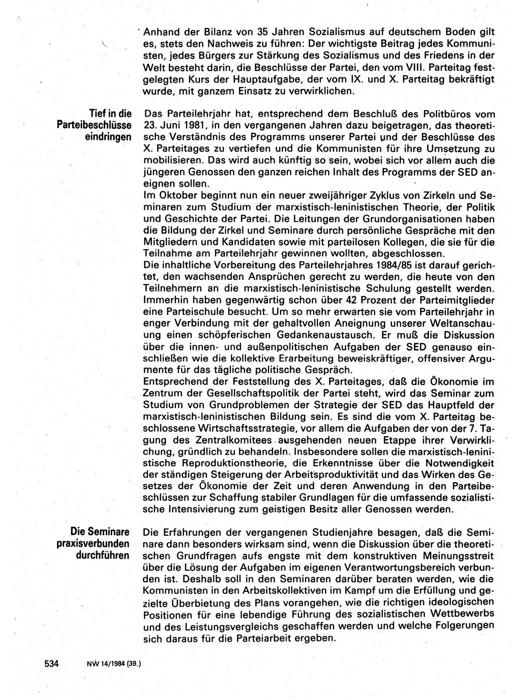 Neuer Weg (NW), Organ des Zentralkomitees (ZK) der SED (Sozialistische Einheitspartei Deutschlands) für Fragen des Parteilebens, 39. Jahrgang [Deutsche Demokratische Republik (DDR)] 1984, Seite 534 (NW ZK SED DDR 1984, S. 534)