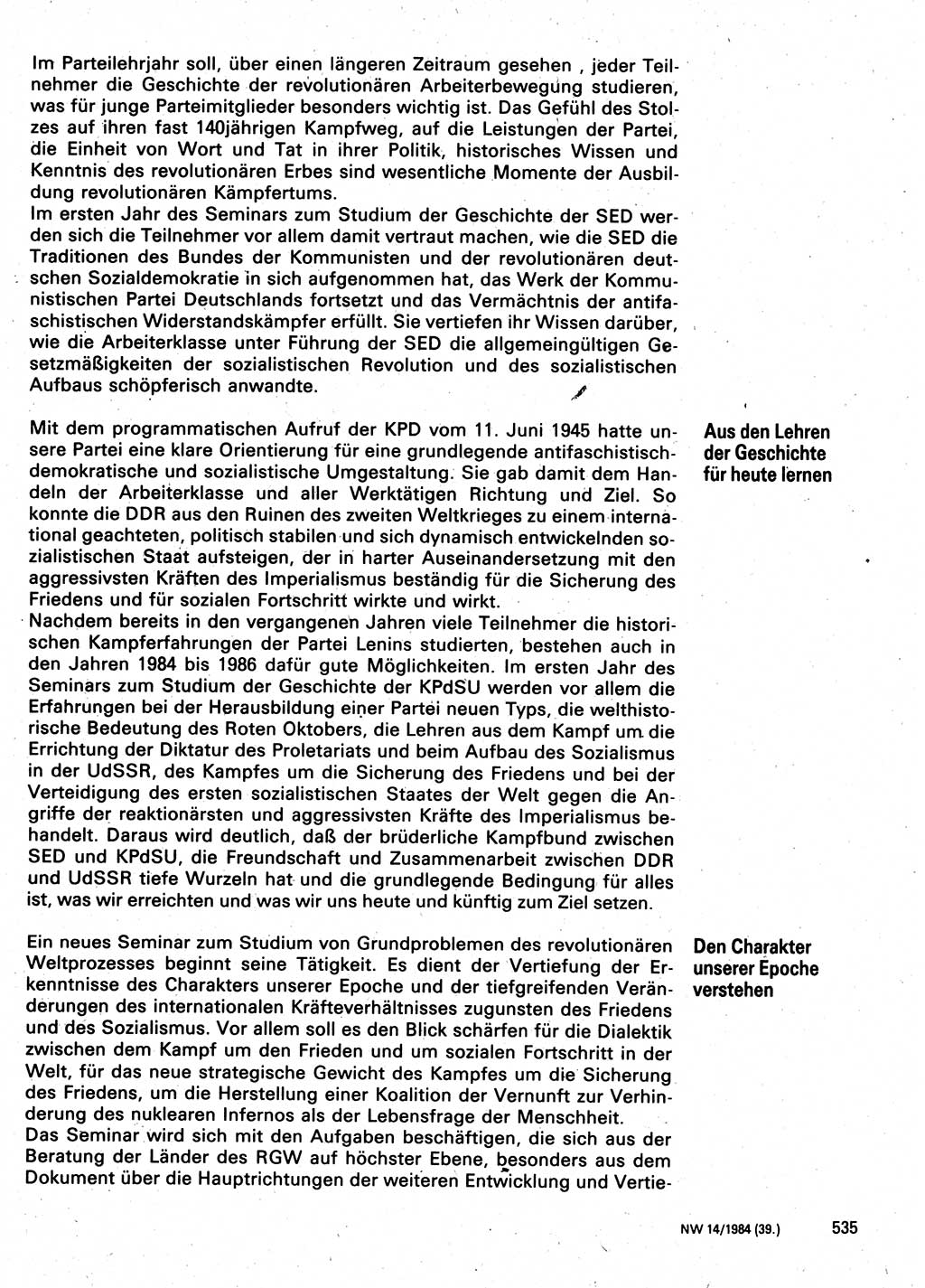 Neuer Weg (NW), Organ des Zentralkomitees (ZK) der SED (Sozialistische Einheitspartei Deutschlands) für Fragen des Parteilebens, 39. Jahrgang [Deutsche Demokratische Republik (DDR)] 1984, Seite 535 (NW ZK SED DDR 1984, S. 535)