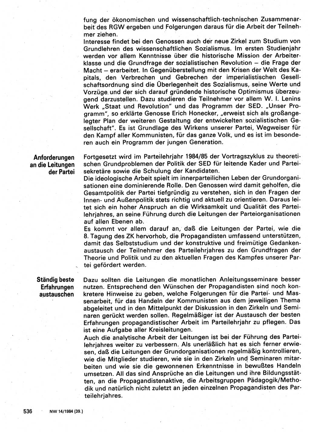 Neuer Weg (NW), Organ des Zentralkomitees (ZK) der SED (Sozialistische Einheitspartei Deutschlands) für Fragen des Parteilebens, 39. Jahrgang [Deutsche Demokratische Republik (DDR)] 1984, Seite 536 (NW ZK SED DDR 1984, S. 536)