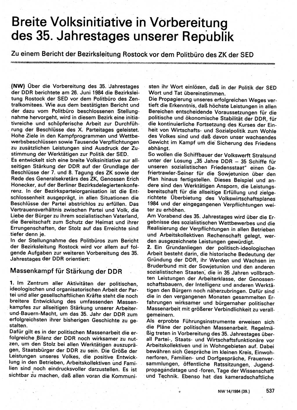 Neuer Weg (NW), Organ des Zentralkomitees (ZK) der SED (Sozialistische Einheitspartei Deutschlands) für Fragen des Parteilebens, 39. Jahrgang [Deutsche Demokratische Republik (DDR)] 1984, Seite 537 (NW ZK SED DDR 1984, S. 537)