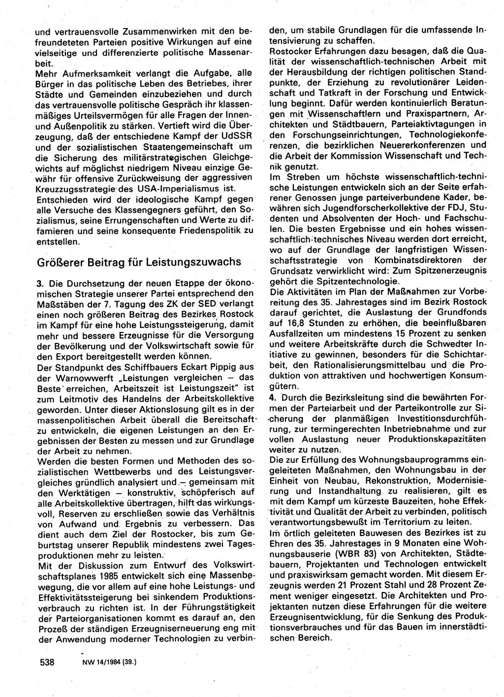 Neuer Weg (NW), Organ des Zentralkomitees (ZK) der SED (Sozialistische Einheitspartei Deutschlands) für Fragen des Parteilebens, 39. Jahrgang [Deutsche Demokratische Republik (DDR)] 1984, Seite 538 (NW ZK SED DDR 1984, S. 538)