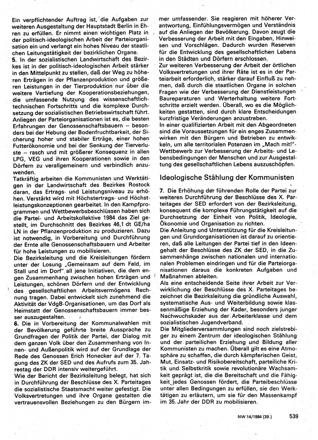 Neuer Weg (NW), Organ des Zentralkomitees (ZK) der SED (Sozialistische Einheitspartei Deutschlands) für Fragen des Parteilebens, 39. Jahrgang [Deutsche Demokratische Republik (DDR)] 1984, Seite 539 (NW ZK SED DDR 1984, S. 539)