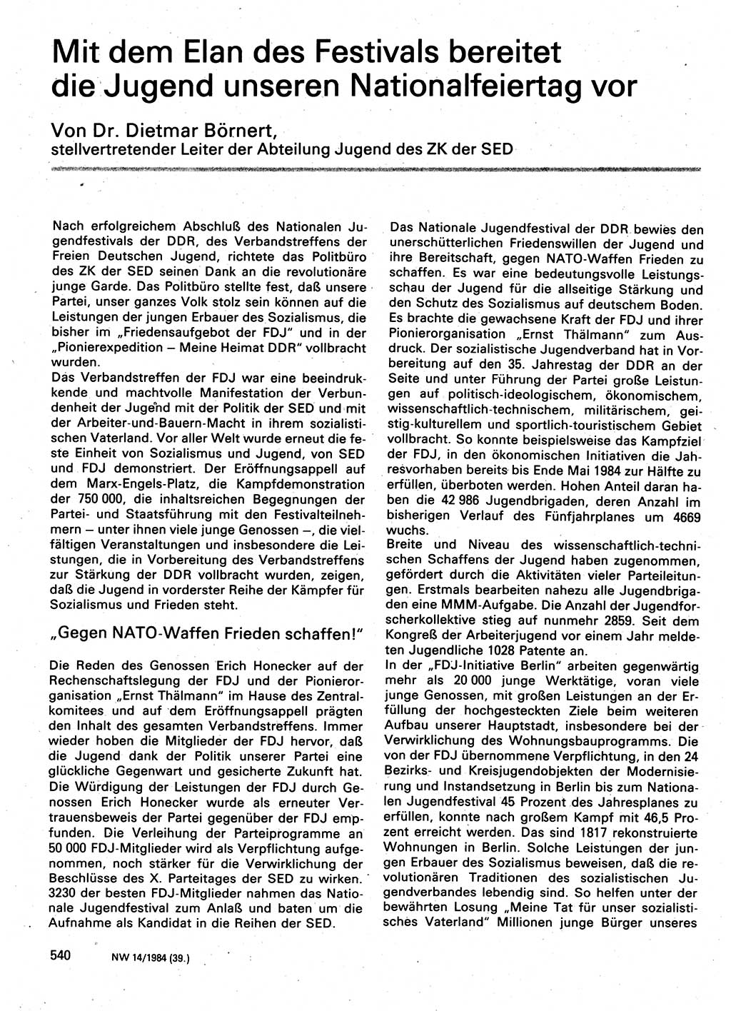 Neuer Weg (NW), Organ des Zentralkomitees (ZK) der SED (Sozialistische Einheitspartei Deutschlands) für Fragen des Parteilebens, 39. Jahrgang [Deutsche Demokratische Republik (DDR)] 1984, Seite 540 (NW ZK SED DDR 1984, S. 540)