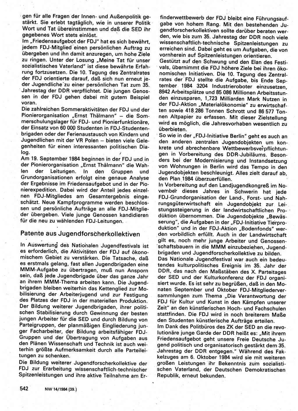 Neuer Weg (NW), Organ des Zentralkomitees (ZK) der SED (Sozialistische Einheitspartei Deutschlands) für Fragen des Parteilebens, 39. Jahrgang [Deutsche Demokratische Republik (DDR)] 1984, Seite 542 (NW ZK SED DDR 1984, S. 542)