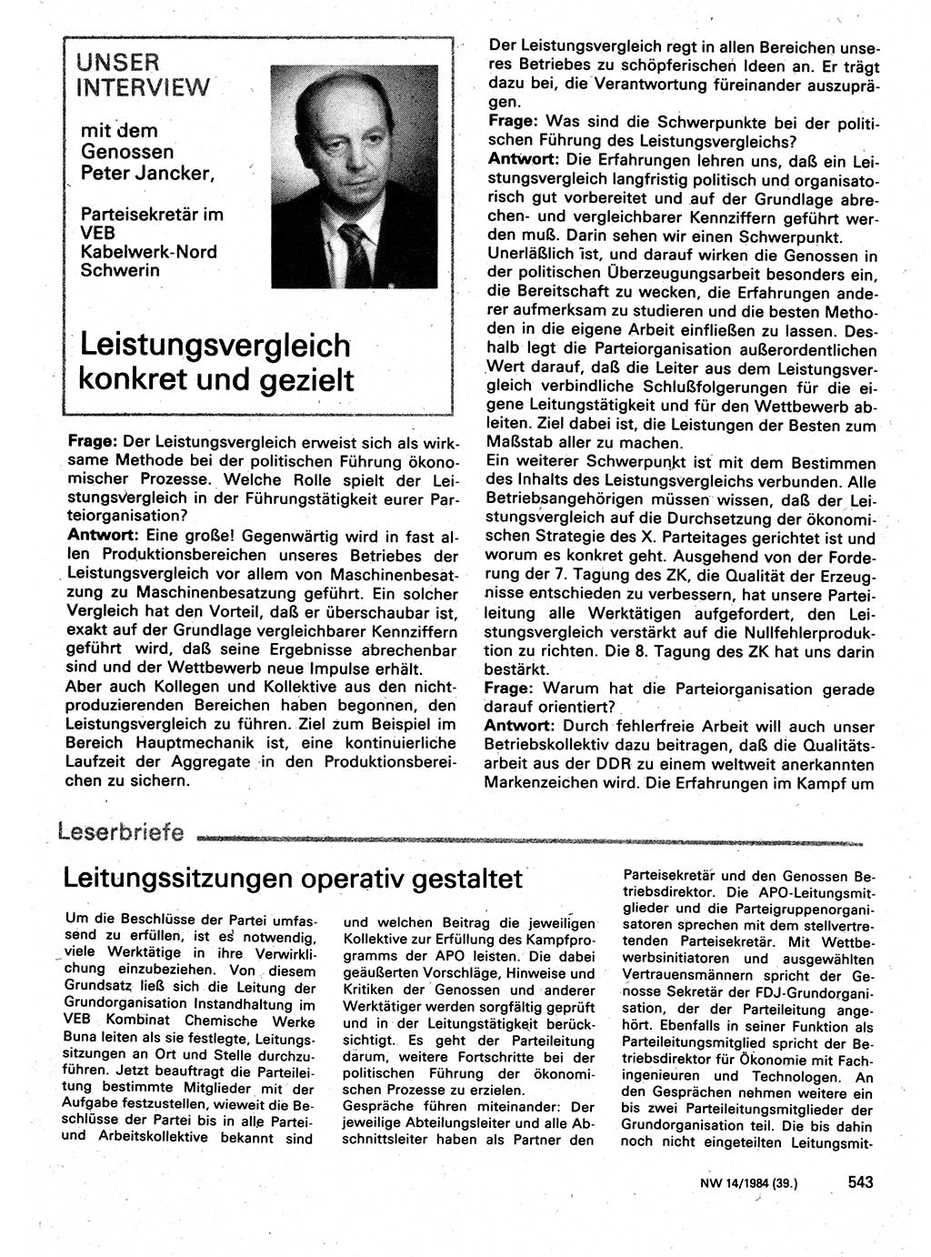 Neuer Weg (NW), Organ des Zentralkomitees (ZK) der SED (Sozialistische Einheitspartei Deutschlands) für Fragen des Parteilebens, 39. Jahrgang [Deutsche Demokratische Republik (DDR)] 1984, Seite 543 (NW ZK SED DDR 1984, S. 543)