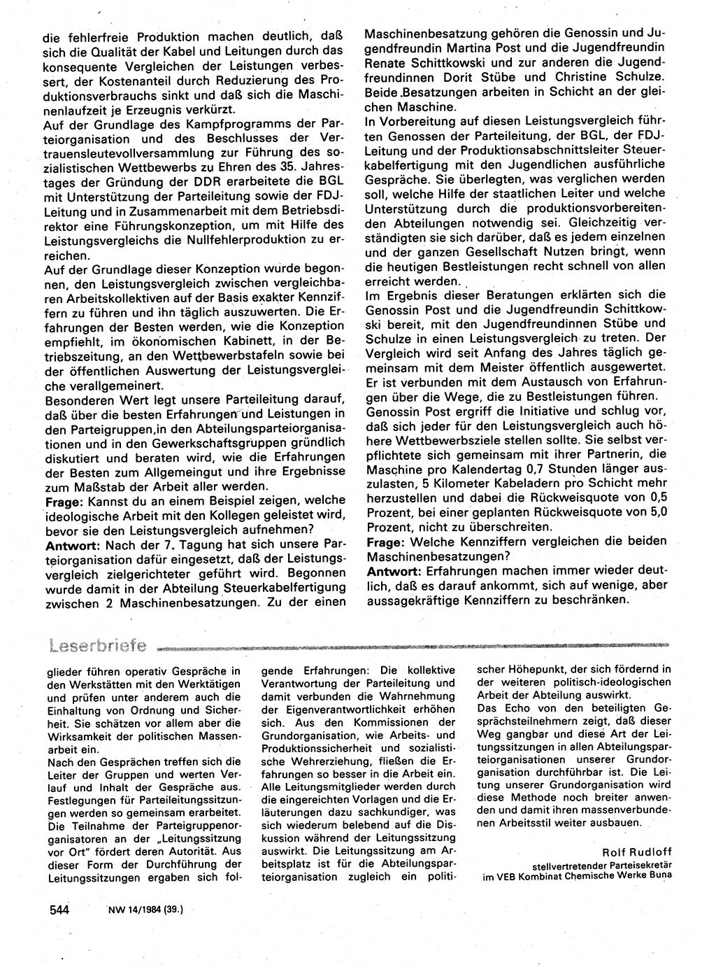 Neuer Weg (NW), Organ des Zentralkomitees (ZK) der SED (Sozialistische Einheitspartei Deutschlands) für Fragen des Parteilebens, 39. Jahrgang [Deutsche Demokratische Republik (DDR)] 1984, Seite 544 (NW ZK SED DDR 1984, S. 544)