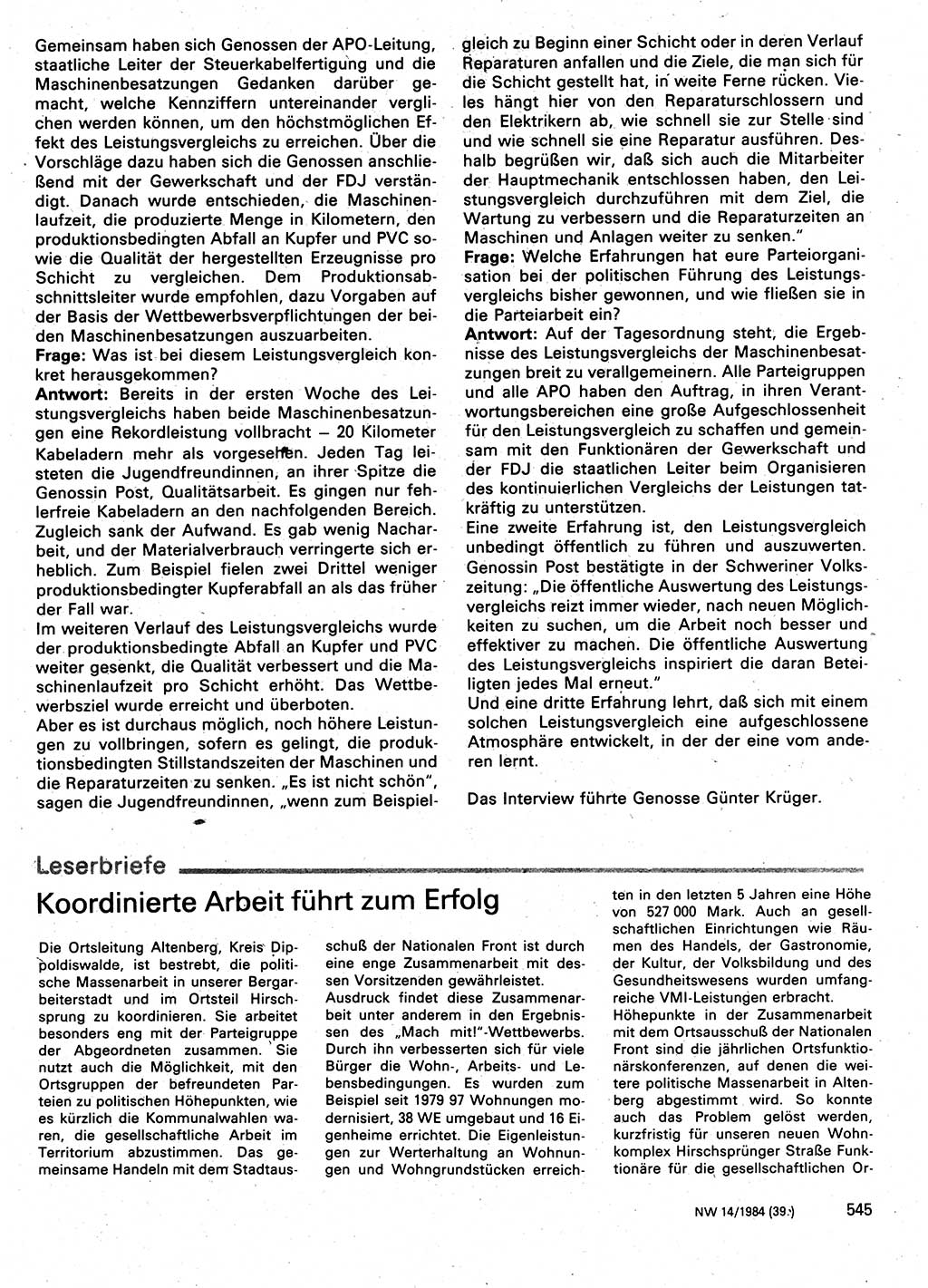Neuer Weg (NW), Organ des Zentralkomitees (ZK) der SED (Sozialistische Einheitspartei Deutschlands) für Fragen des Parteilebens, 39. Jahrgang [Deutsche Demokratische Republik (DDR)] 1984, Seite 545 (NW ZK SED DDR 1984, S. 545)