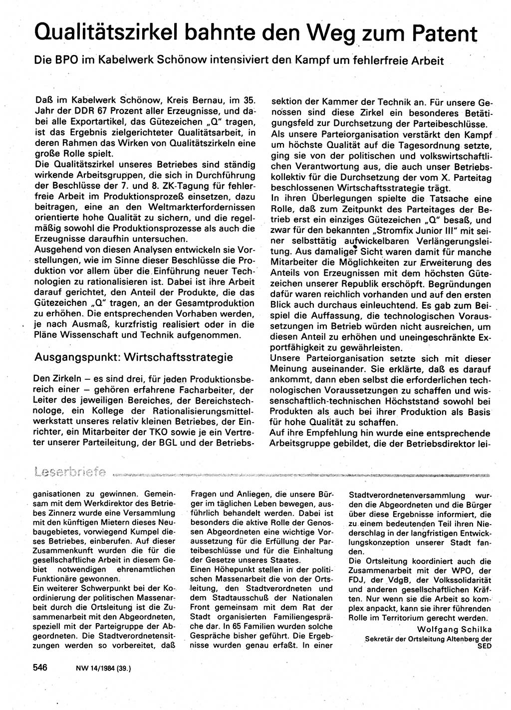 Neuer Weg (NW), Organ des Zentralkomitees (ZK) der SED (Sozialistische Einheitspartei Deutschlands) für Fragen des Parteilebens, 39. Jahrgang [Deutsche Demokratische Republik (DDR)] 1984, Seite 546 (NW ZK SED DDR 1984, S. 546)
