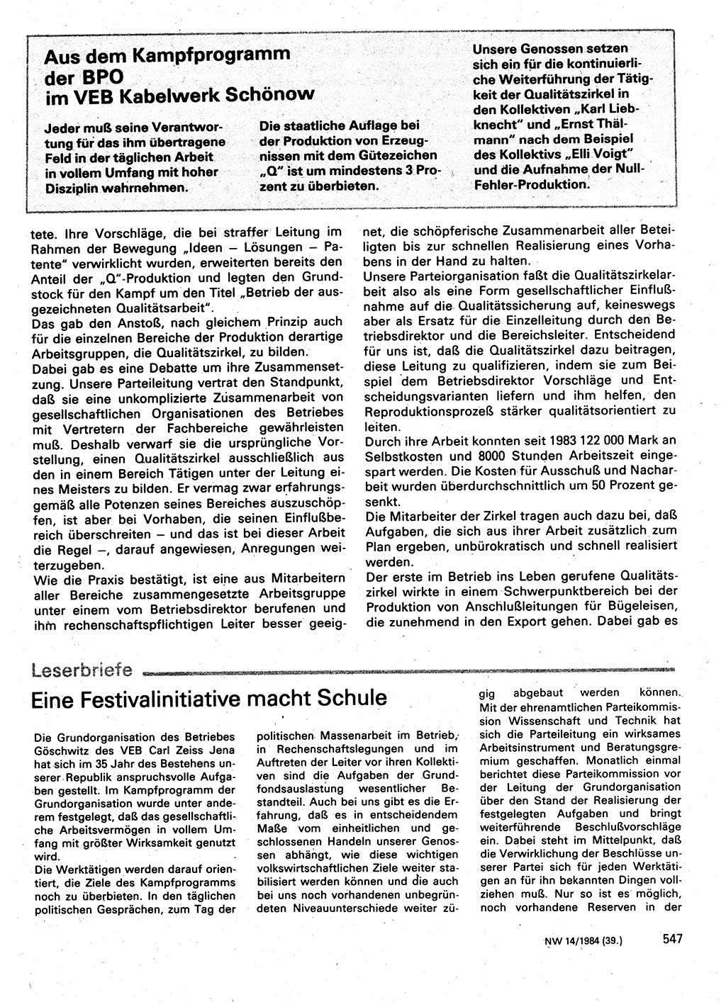 Neuer Weg (NW), Organ des Zentralkomitees (ZK) der SED (Sozialistische Einheitspartei Deutschlands) für Fragen des Parteilebens, 39. Jahrgang [Deutsche Demokratische Republik (DDR)] 1984, Seite 547 (NW ZK SED DDR 1984, S. 547)
