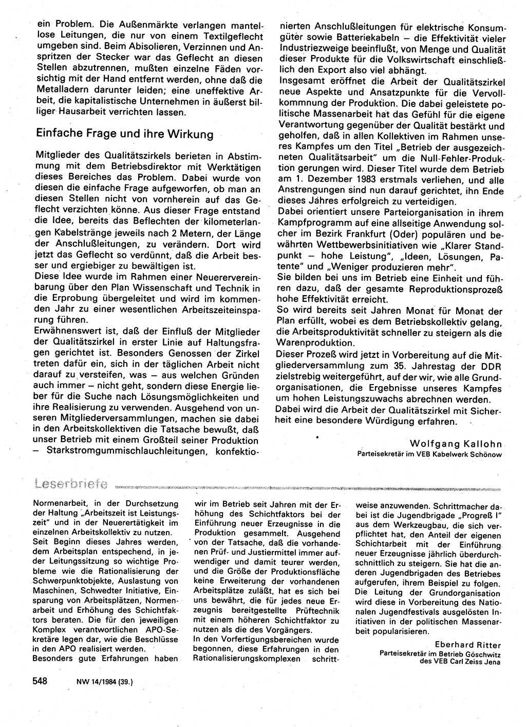 Neuer Weg (NW), Organ des Zentralkomitees (ZK) der SED (Sozialistische Einheitspartei Deutschlands) für Fragen des Parteilebens, 39. Jahrgang [Deutsche Demokratische Republik (DDR)] 1984, Seite 548 (NW ZK SED DDR 1984, S. 548)
