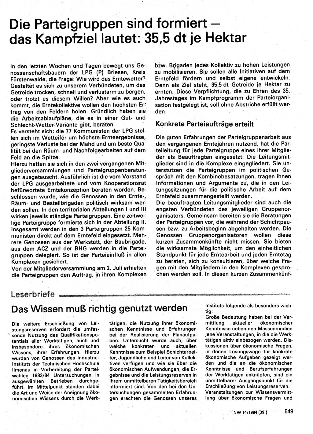 Neuer Weg (NW), Organ des Zentralkomitees (ZK) der SED (Sozialistische Einheitspartei Deutschlands) für Fragen des Parteilebens, 39. Jahrgang [Deutsche Demokratische Republik (DDR)] 1984, Seite 549 (NW ZK SED DDR 1984, S. 549)