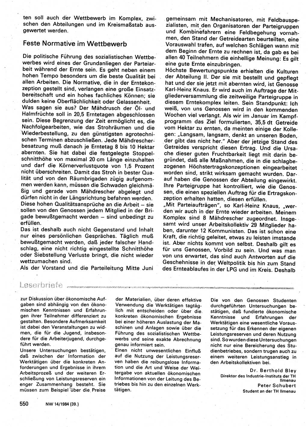 Neuer Weg (NW), Organ des Zentralkomitees (ZK) der SED (Sozialistische Einheitspartei Deutschlands) für Fragen des Parteilebens, 39. Jahrgang [Deutsche Demokratische Republik (DDR)] 1984, Seite 550 (NW ZK SED DDR 1984, S. 550)