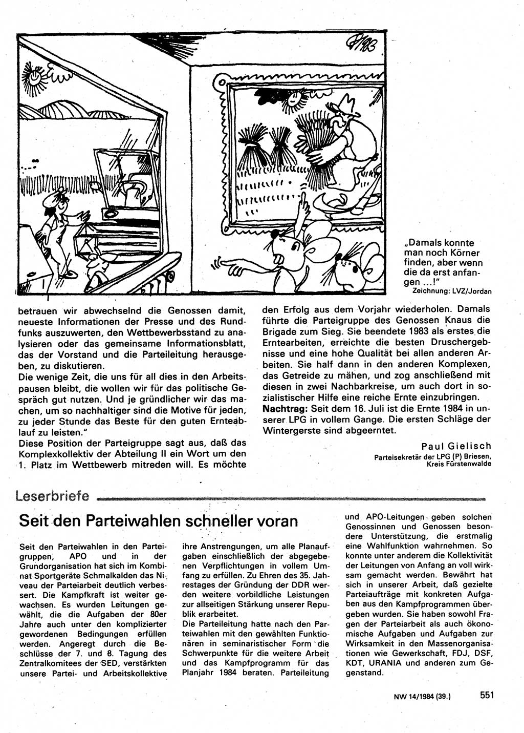 Neuer Weg (NW), Organ des Zentralkomitees (ZK) der SED (Sozialistische Einheitspartei Deutschlands) für Fragen des Parteilebens, 39. Jahrgang [Deutsche Demokratische Republik (DDR)] 1984, Seite 551 (NW ZK SED DDR 1984, S. 551)