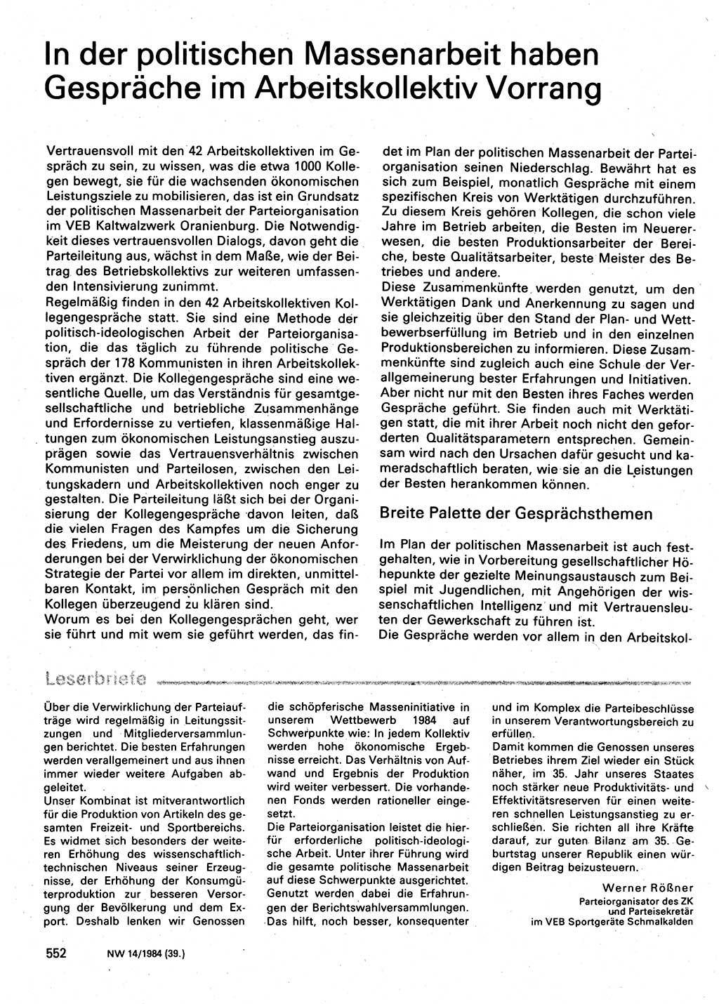 Neuer Weg (NW), Organ des Zentralkomitees (ZK) der SED (Sozialistische Einheitspartei Deutschlands) für Fragen des Parteilebens, 39. Jahrgang [Deutsche Demokratische Republik (DDR)] 1984, Seite 552 (NW ZK SED DDR 1984, S. 552)