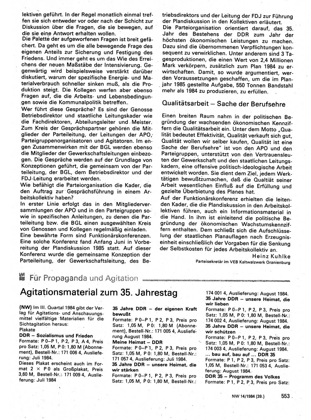 Neuer Weg (NW), Organ des Zentralkomitees (ZK) der SED (Sozialistische Einheitspartei Deutschlands) für Fragen des Parteilebens, 39. Jahrgang [Deutsche Demokratische Republik (DDR)] 1984, Seite 553 (NW ZK SED DDR 1984, S. 553)