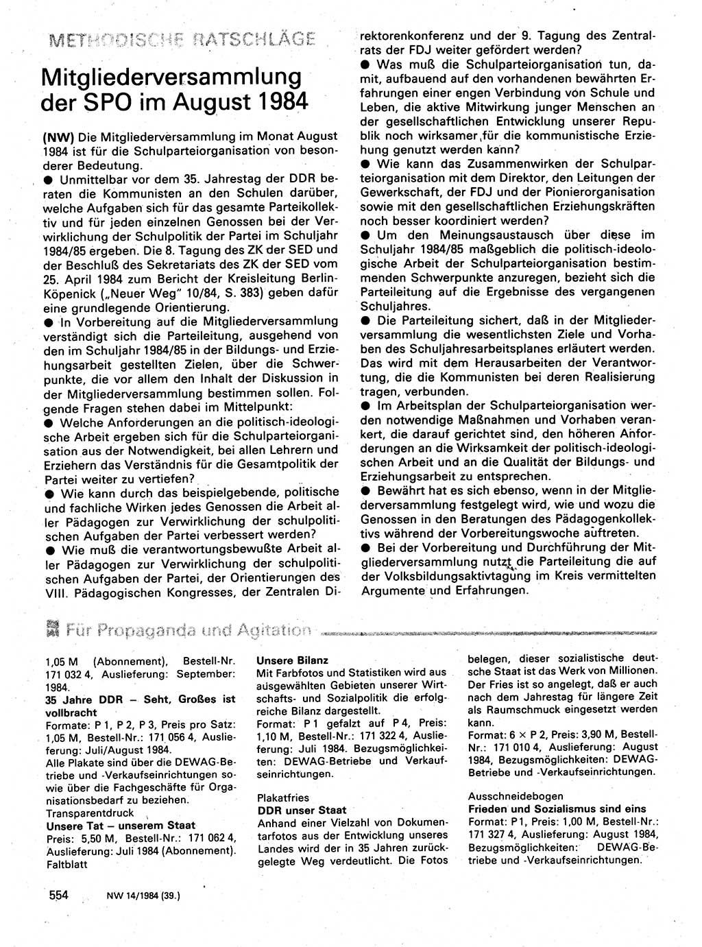 Neuer Weg (NW), Organ des Zentralkomitees (ZK) der SED (Sozialistische Einheitspartei Deutschlands) für Fragen des Parteilebens, 39. Jahrgang [Deutsche Demokratische Republik (DDR)] 1984, Seite 554 (NW ZK SED DDR 1984, S. 554)