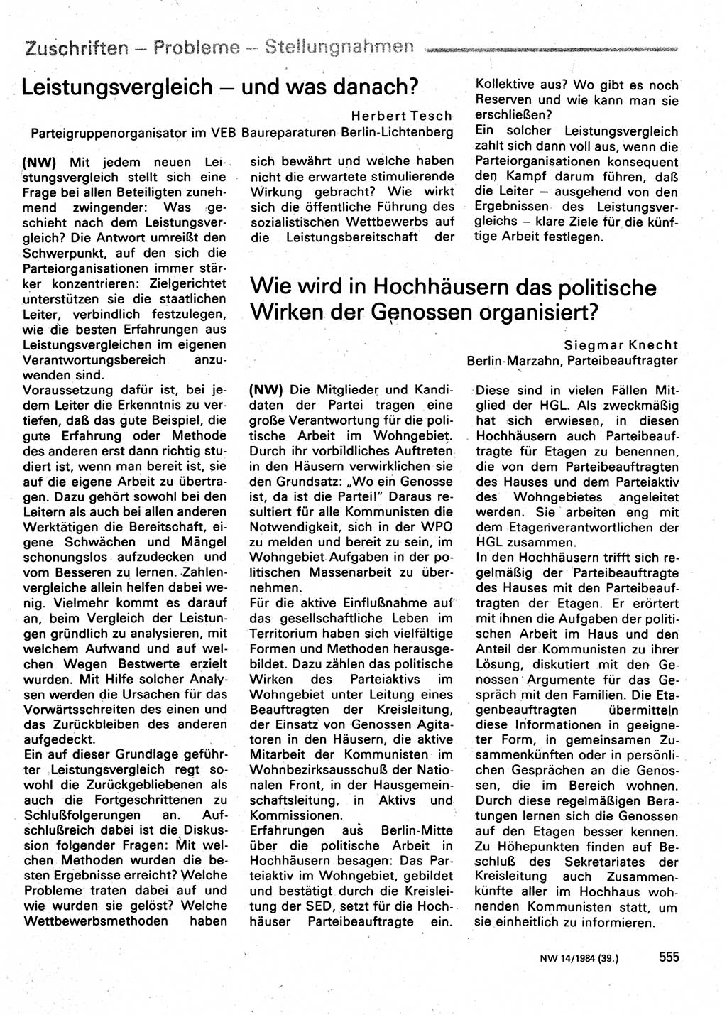 Neuer Weg (NW), Organ des Zentralkomitees (ZK) der SED (Sozialistische Einheitspartei Deutschlands) für Fragen des Parteilebens, 39. Jahrgang [Deutsche Demokratische Republik (DDR)] 1984, Seite 555 (NW ZK SED DDR 1984, S. 555)