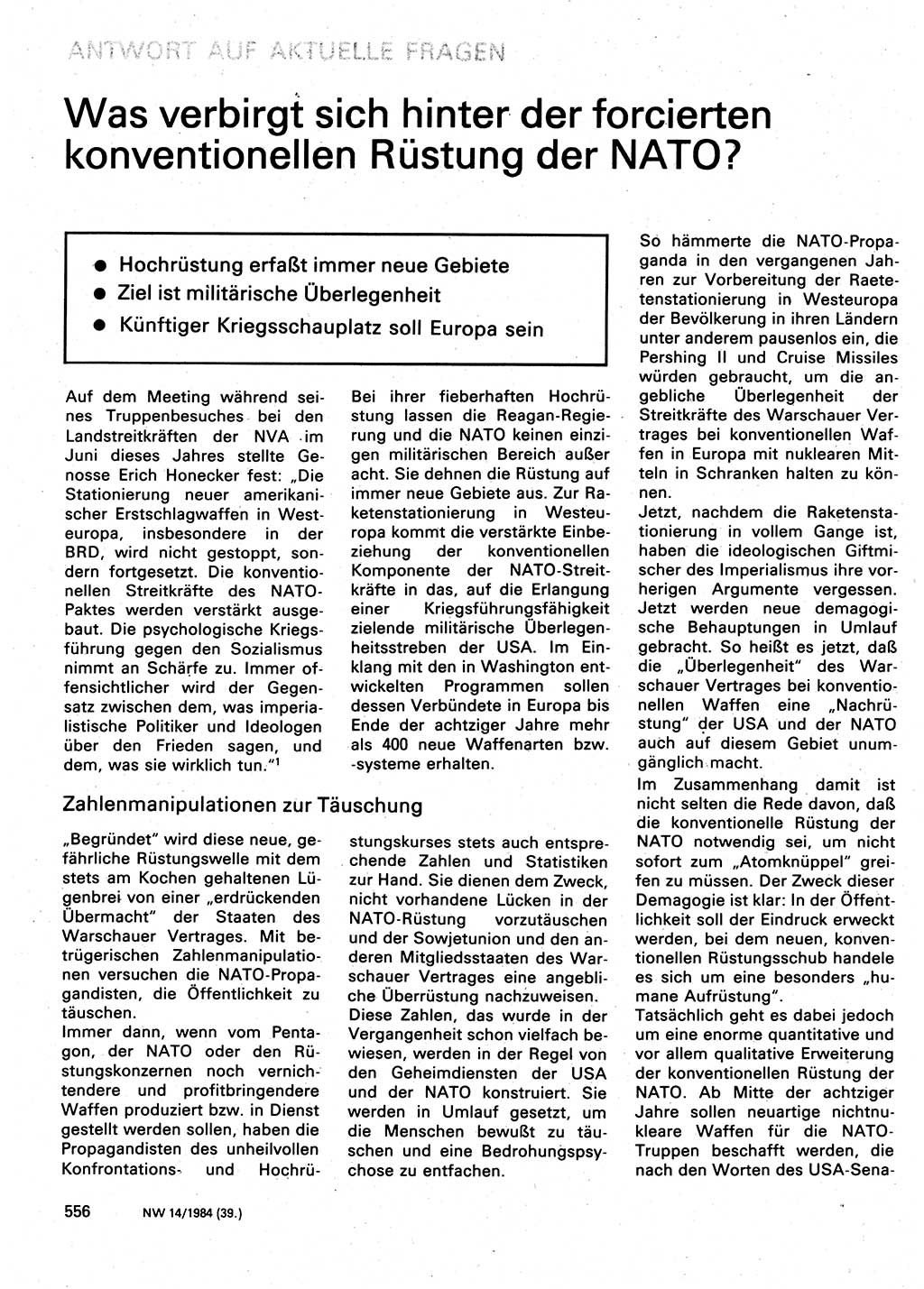 Neuer Weg (NW), Organ des Zentralkomitees (ZK) der SED (Sozialistische Einheitspartei Deutschlands) für Fragen des Parteilebens, 39. Jahrgang [Deutsche Demokratische Republik (DDR)] 1984, Seite 556 (NW ZK SED DDR 1984, S. 556)