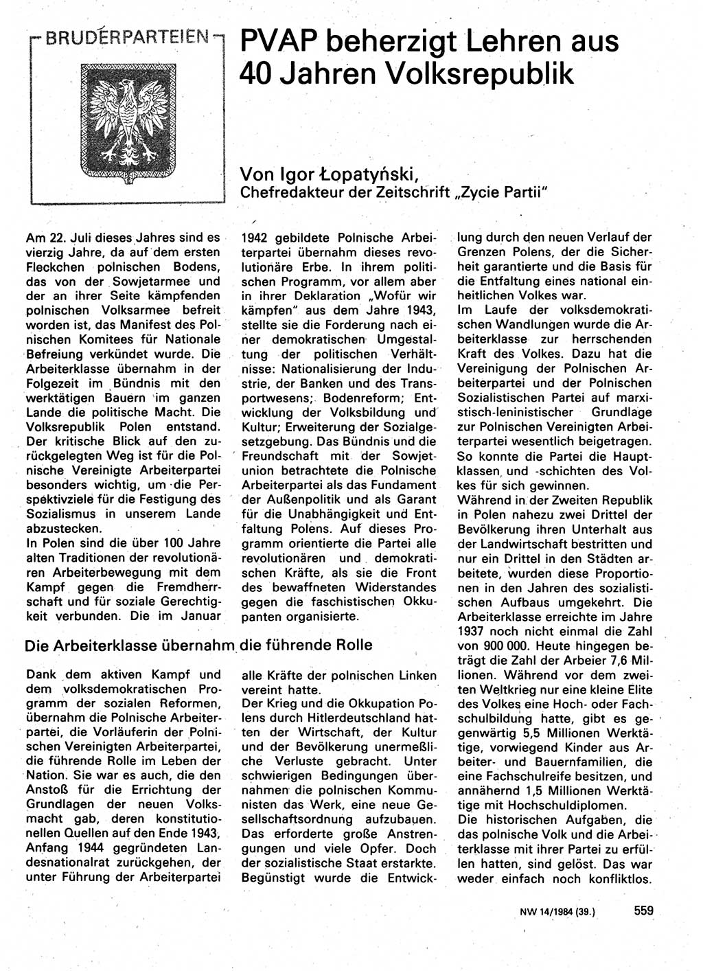 Neuer Weg (NW), Organ des Zentralkomitees (ZK) der SED (Sozialistische Einheitspartei Deutschlands) für Fragen des Parteilebens, 39. Jahrgang [Deutsche Demokratische Republik (DDR)] 1984, Seite 559 (NW ZK SED DDR 1984, S. 559)